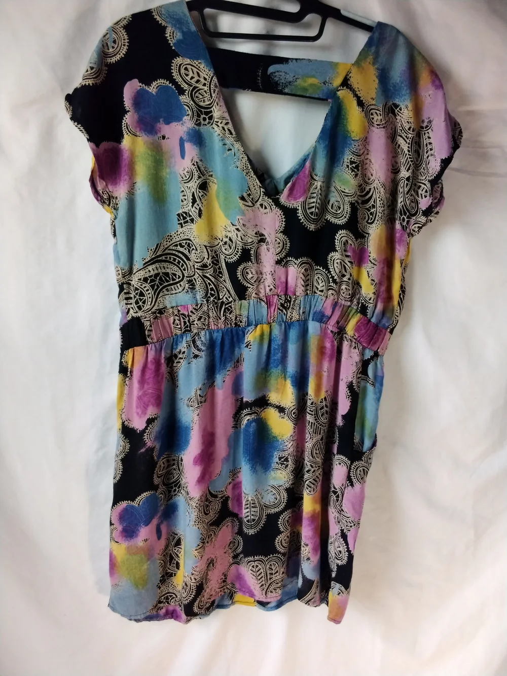 Angie Boho Mini Dress with Pastel Pink, Blue & Yellow Print